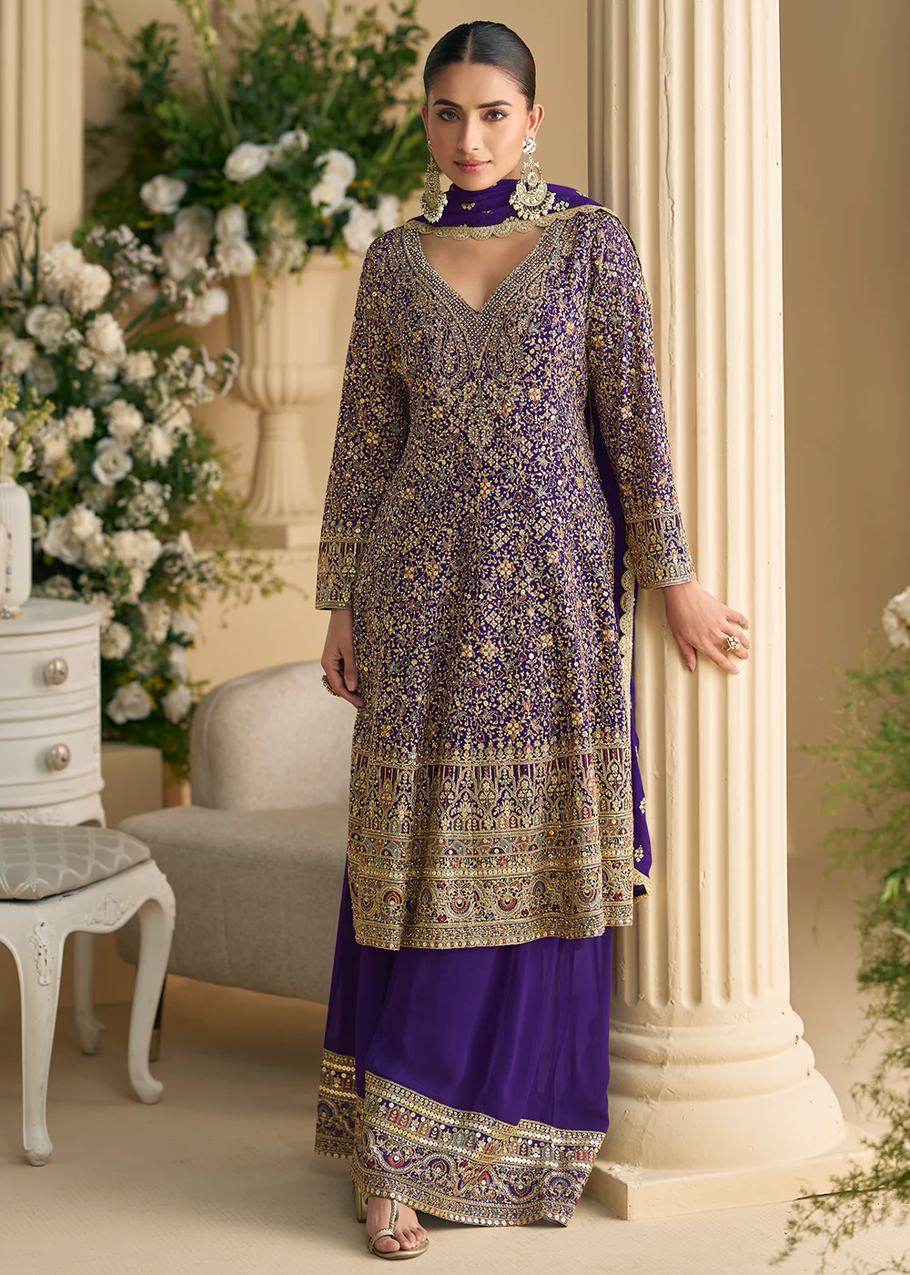 Purple Heavy Embroidered Wedding Wear Palazzo Suit