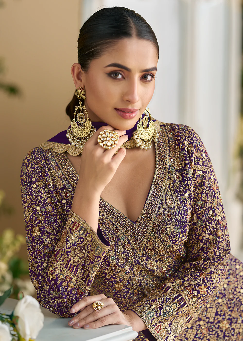 Purple Heavy Embroidered Wedding Wear Palazzo Suit - Image 3
