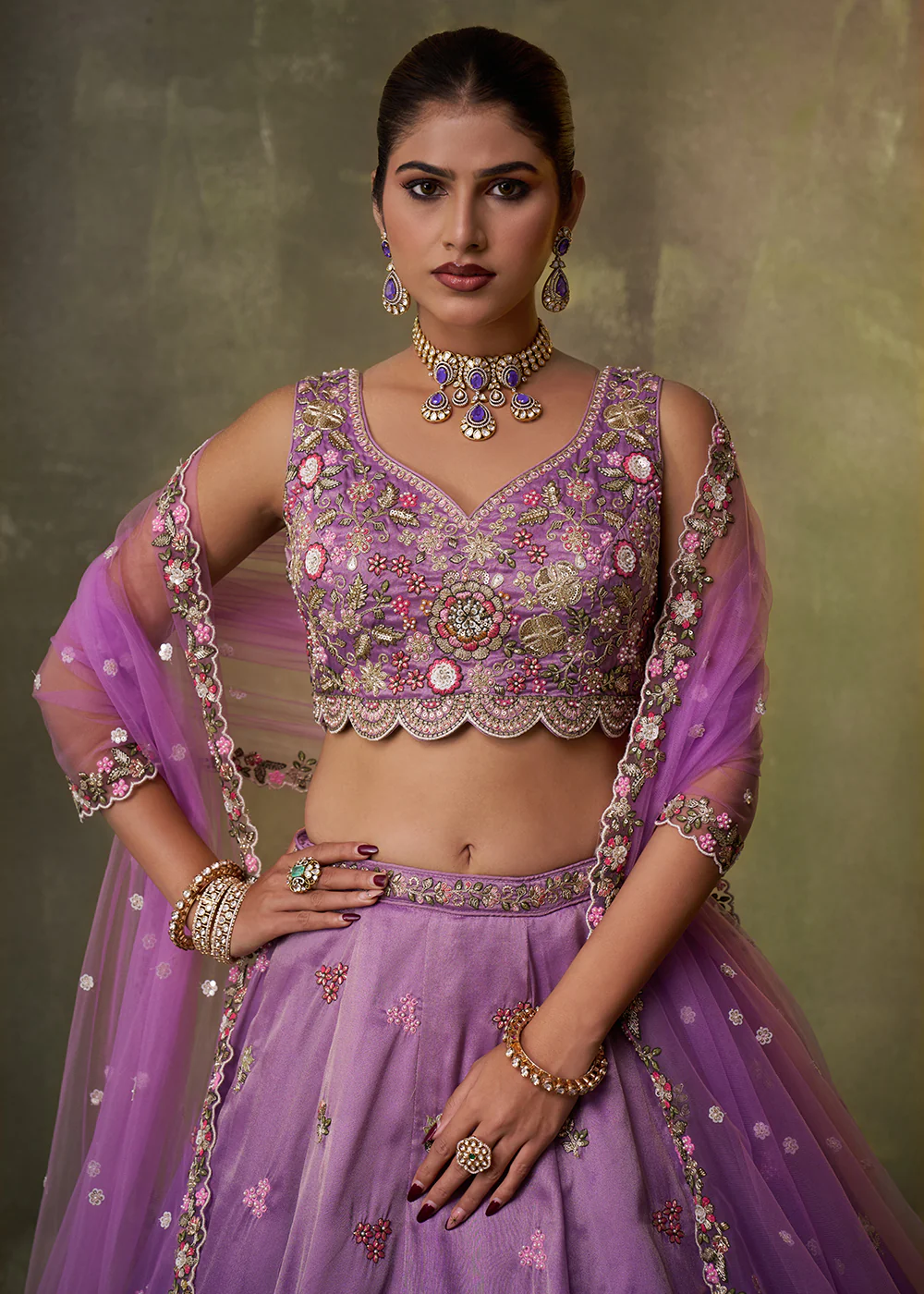 Purple Heavy Tissue Pre Wedding Party Lehenga Choli - Image 2