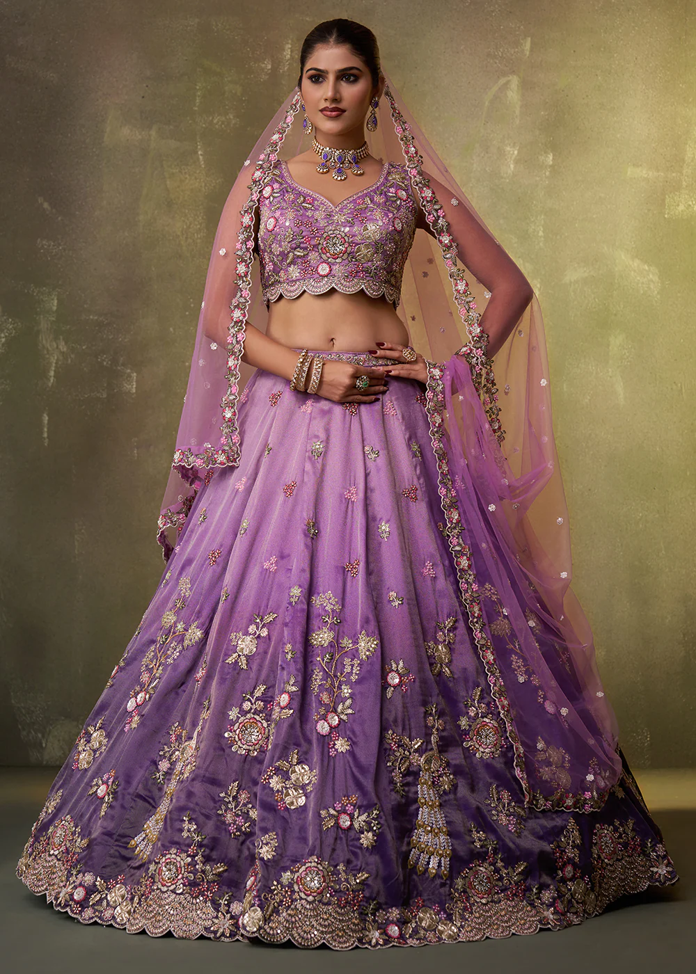Purple Heavy Tissue Pre Wedding Party Lehenga Choli - Image 4
