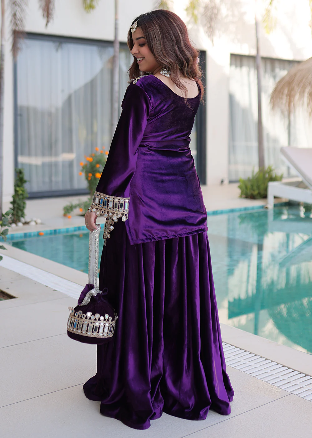 Purple Ice Velvet Mirror Work Palazzo Kurta Set - Image 3