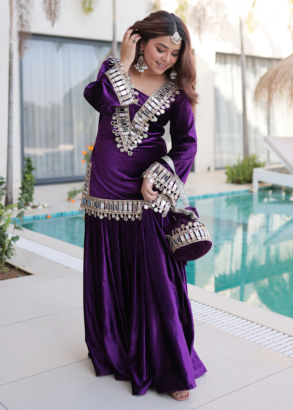 Purple Ice Velvet Mirror Work Palazzo Kurta Set - Image 4