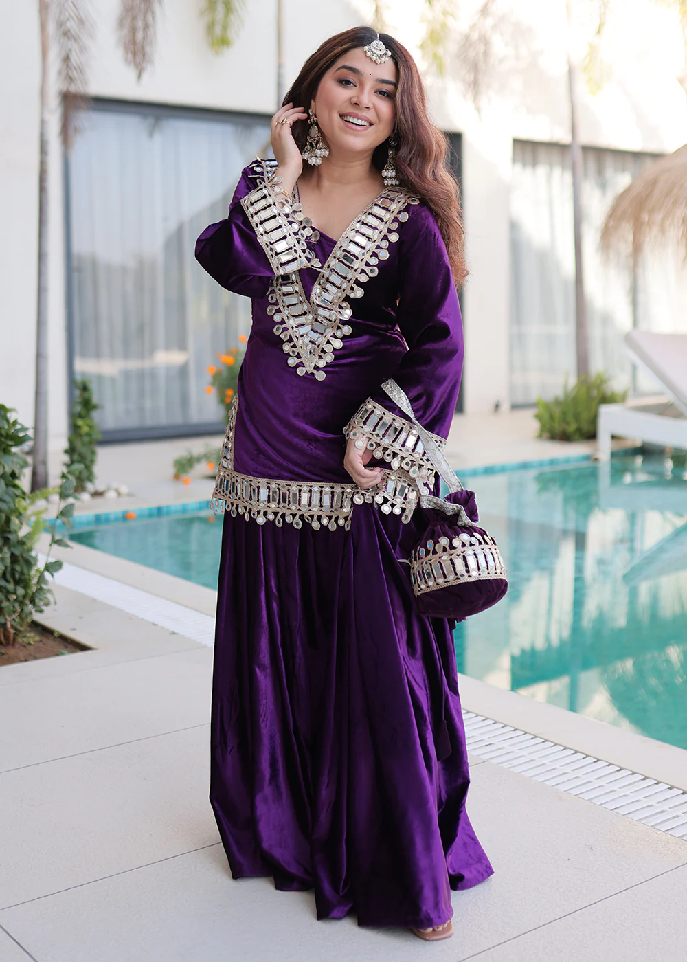 Purple Ice Velvet Mirror Work Palazzo Kurta Set - Image 5