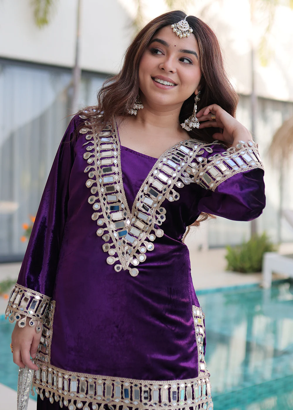 Purple Ice Velvet Mirror Work Palazzo Kurta Set - Image 7