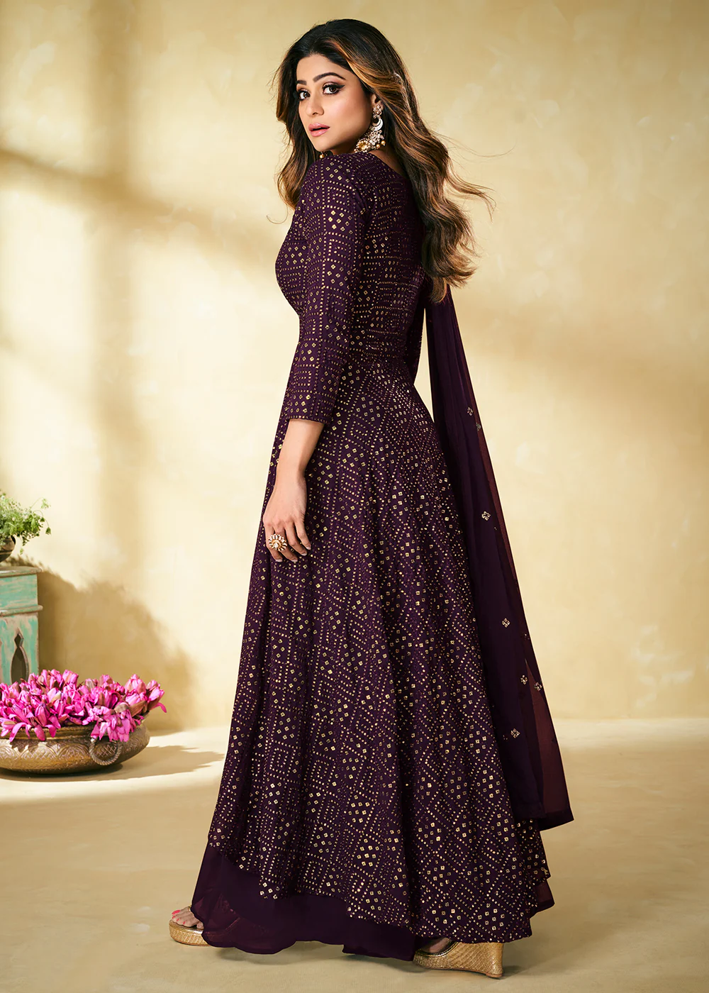 Purple Indian Designer Embroidered Palazzo Suit - Image 3