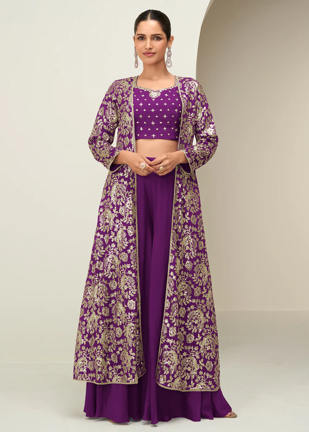 Purple Jacket & Crop Top Style Party Palazzo Suit
