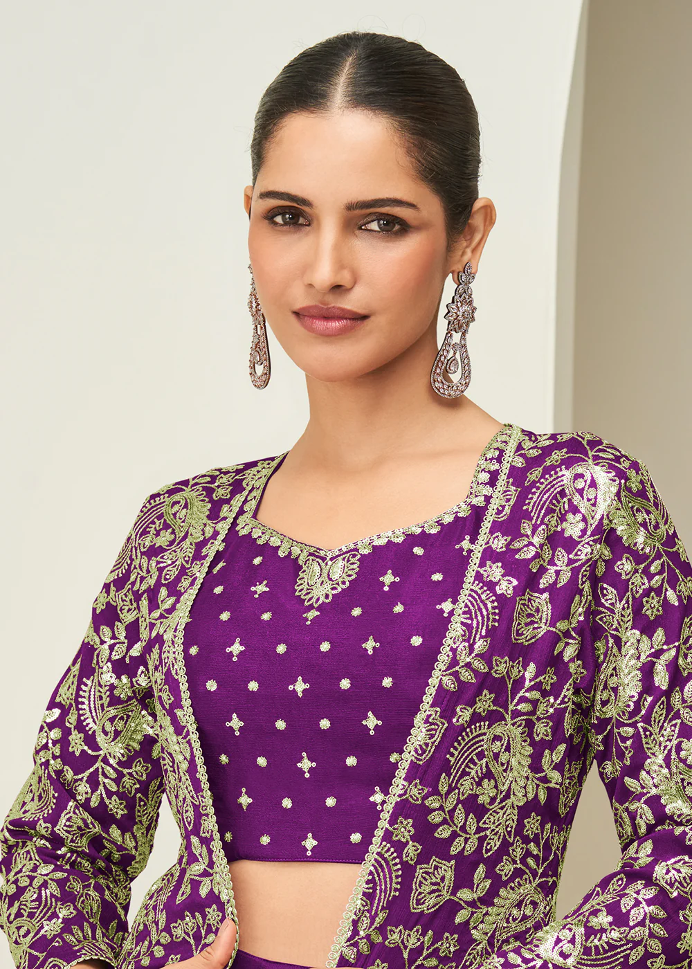 Purple Jacket & Crop Top Style Party Palazzo Suit - Image 2