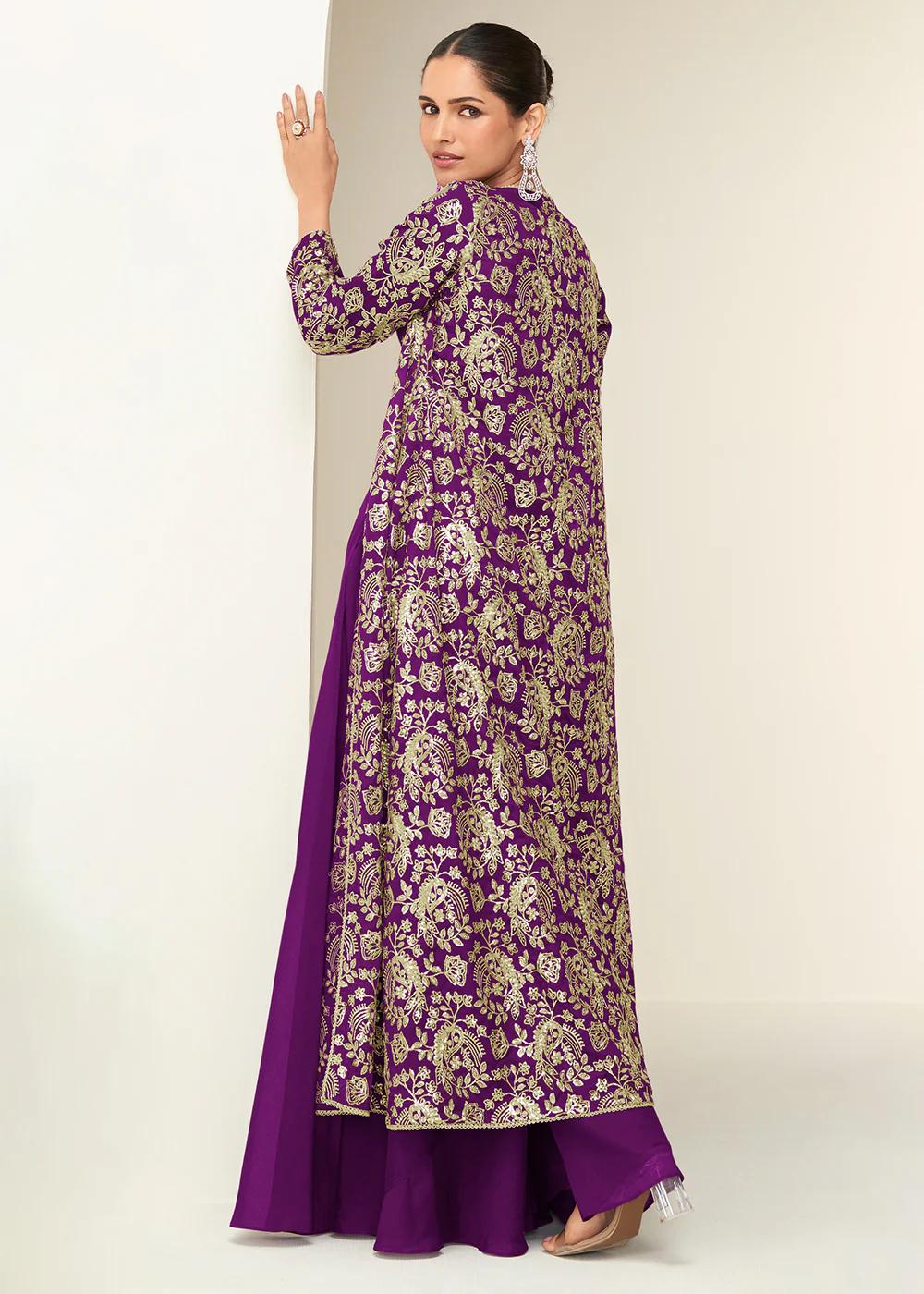 Purple Jacket & Crop Top Style Party Palazzo Suit - Image 3