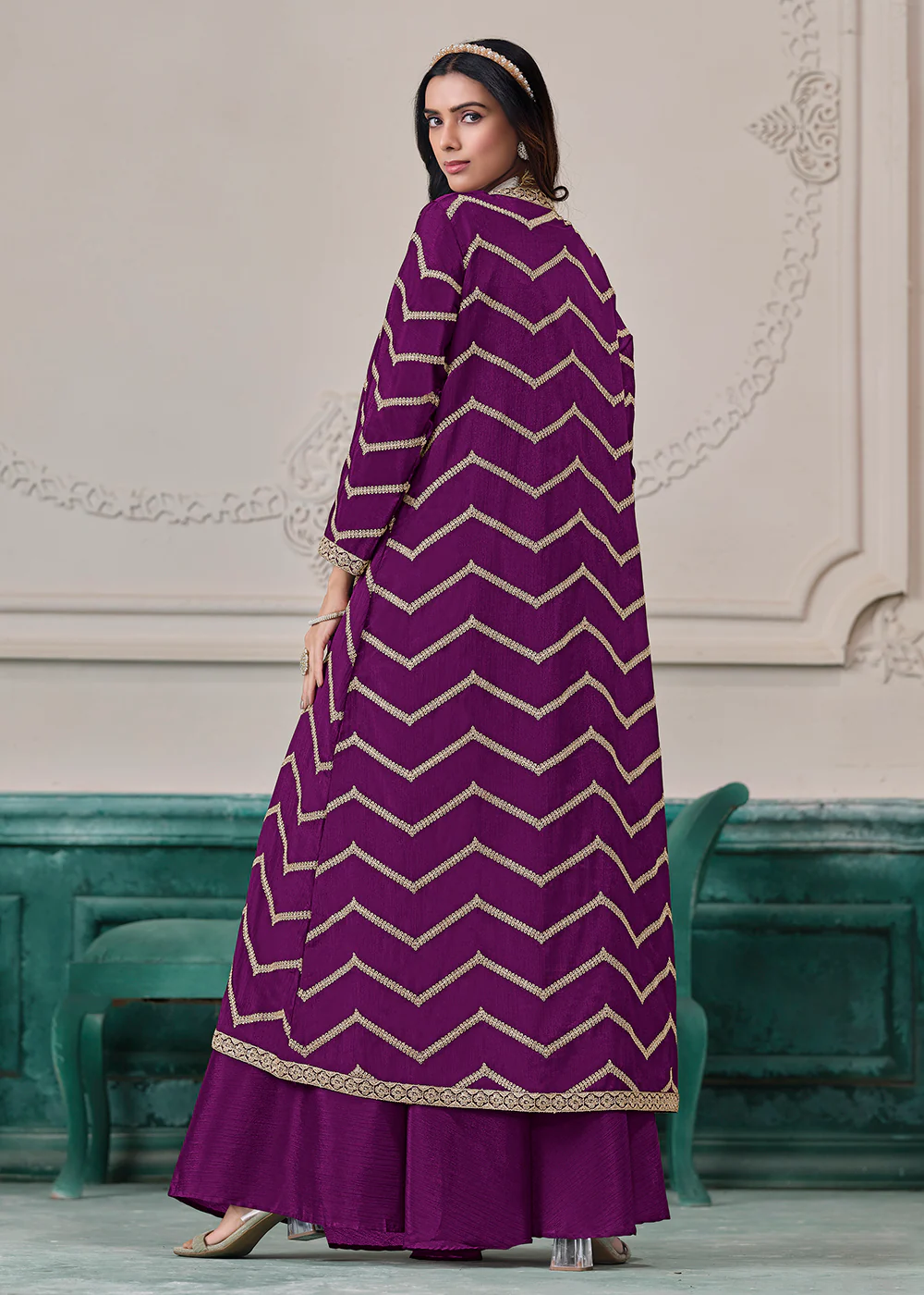 Purple Jacket Style Indo Western Sharara Suit - Image 2