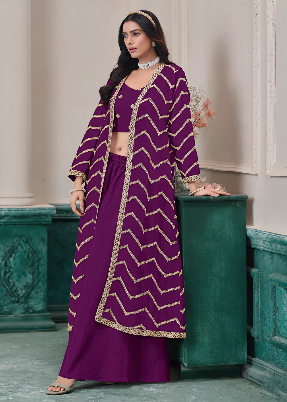 Purple Jacket Style Indo Western Sharara Suit - Image 3