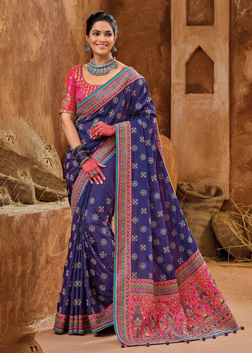 Purple Kachhi Work Embroidered Traditional Banarasi Saree