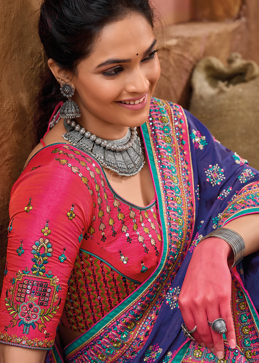 Purple Kachhi Work Embroidered Traditional Banarasi Saree - Image 2