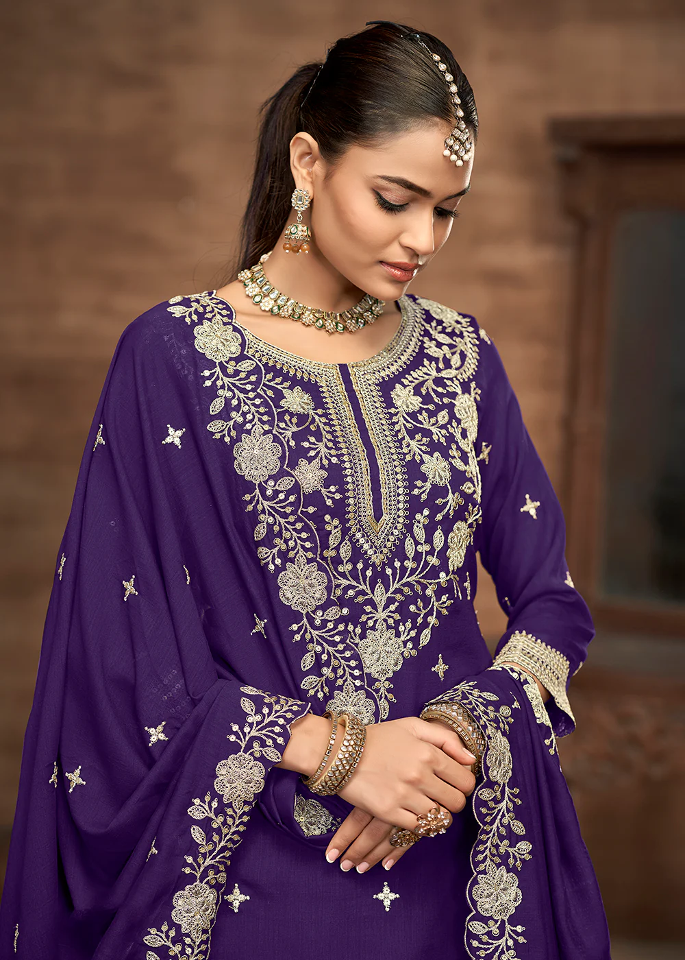 Purple Kurti Style Embroidered Silk Lehenga Style Suit - Image 2