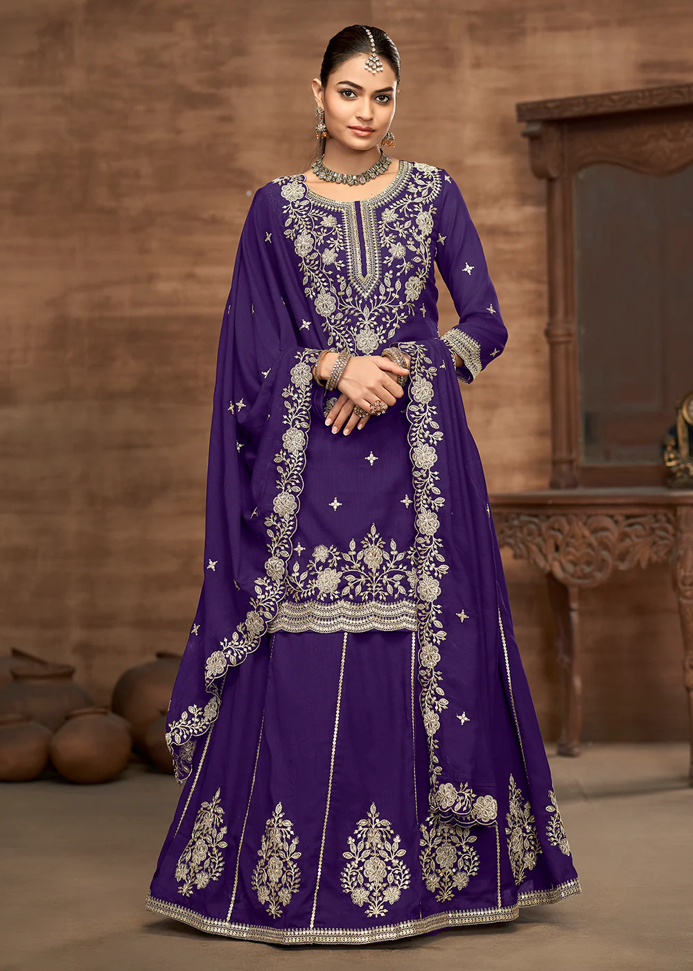 Purple Kurti Style Embroidered Silk Lehenga Style Suit - Image 4