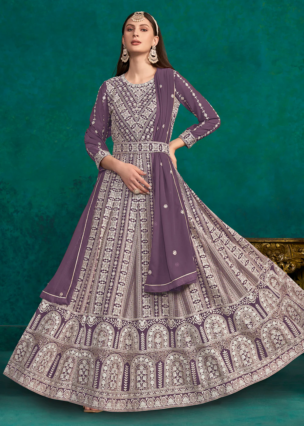Purple Lucknowi Embroidered Wedding Anarkali Suit