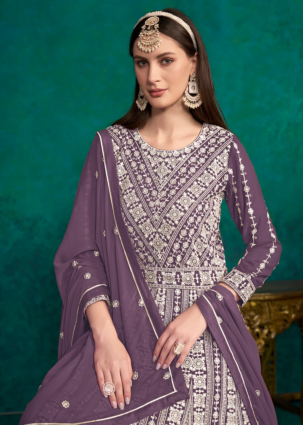 Purple Lucknowi Embroidered Wedding Anarkali Suit - Image 2