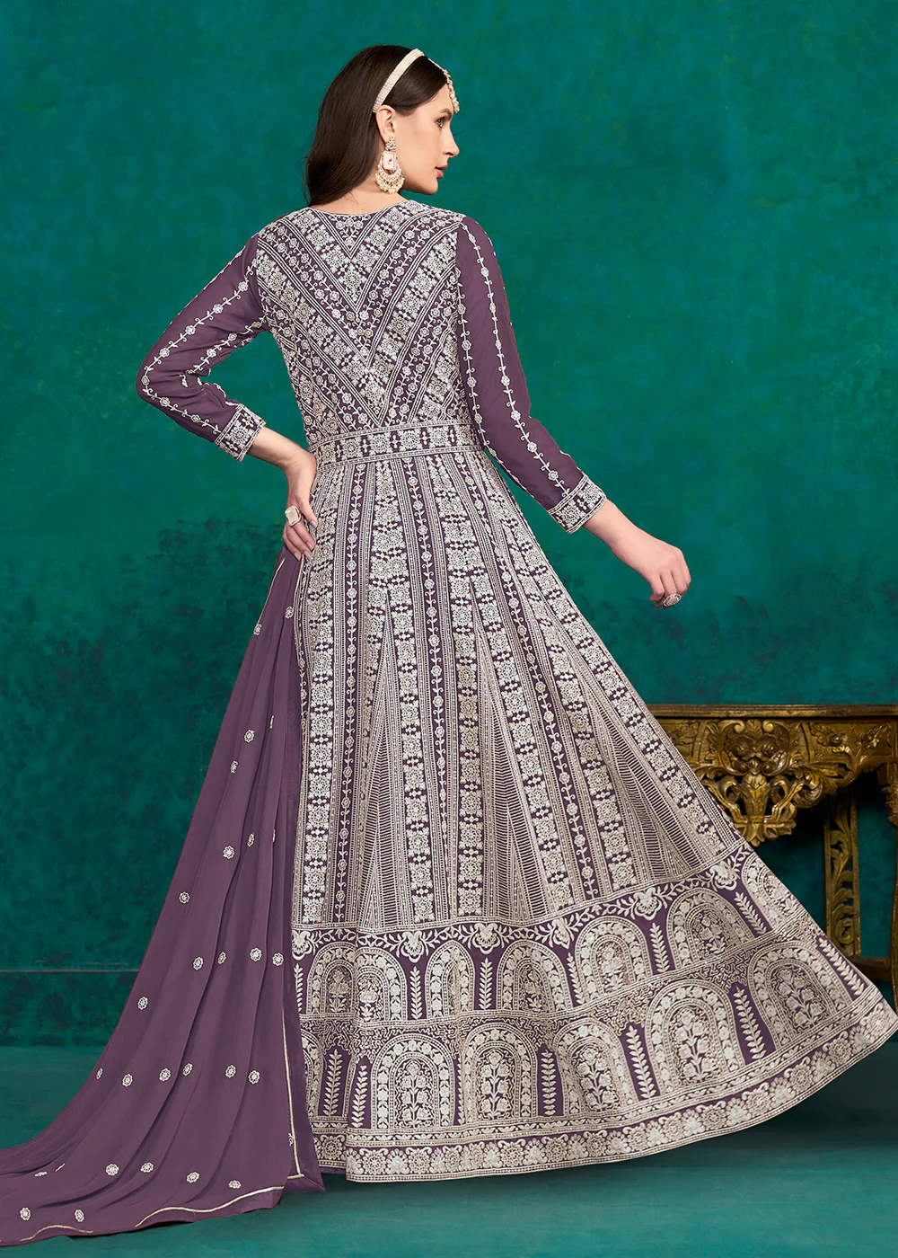 Purple Lucknowi Embroidered Wedding Anarkali Suit - Image 3