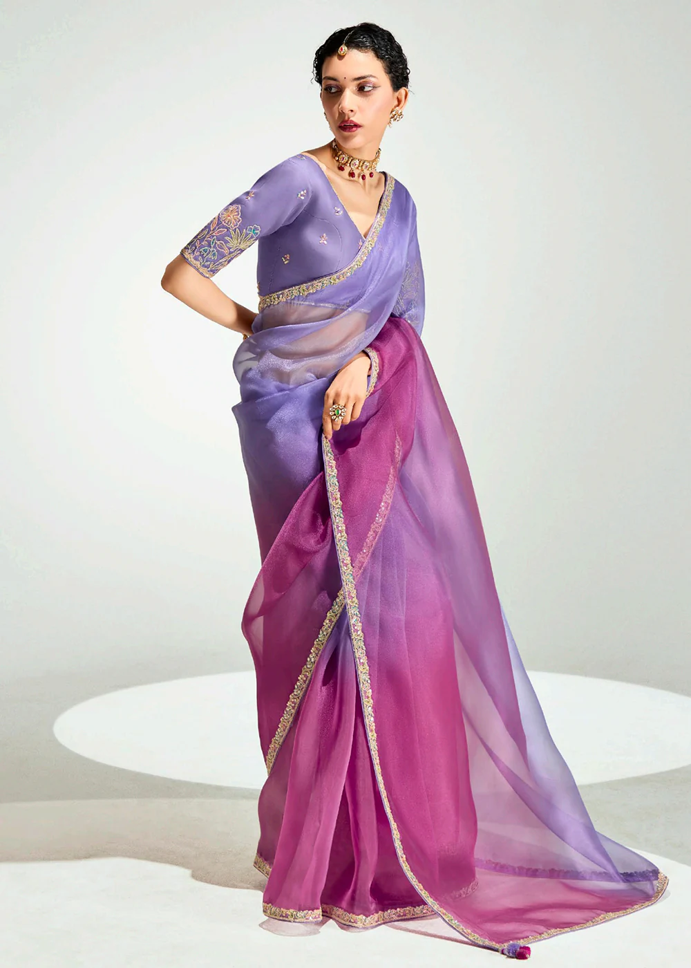 Purple & Magenta Organza Tissue Designer Party Wear Saree