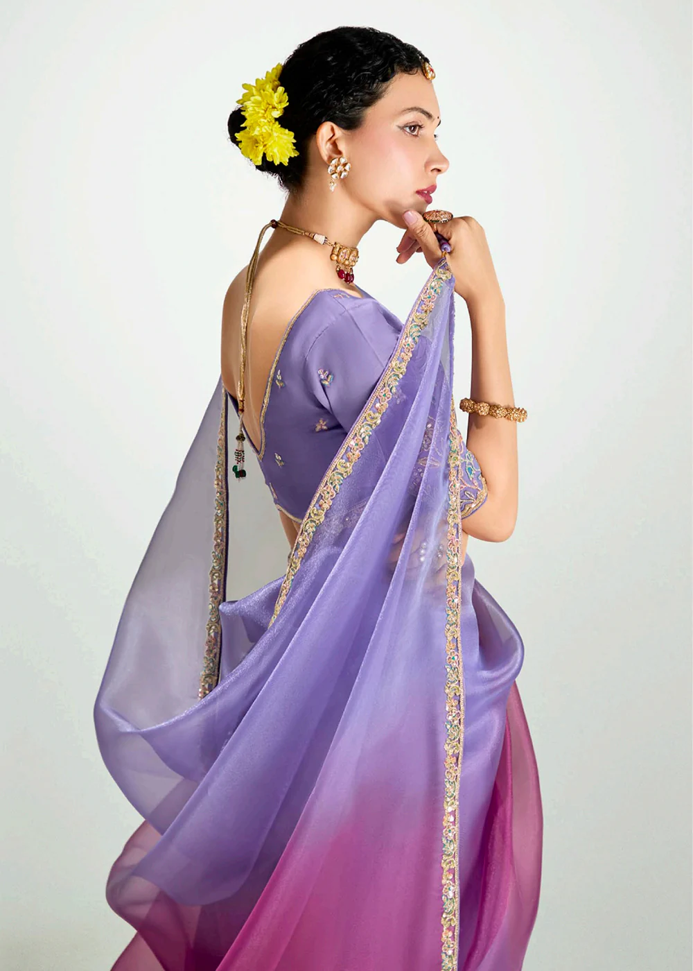 Purple & Magenta Organza Tissue Designer Party Wear Saree - Image 3
