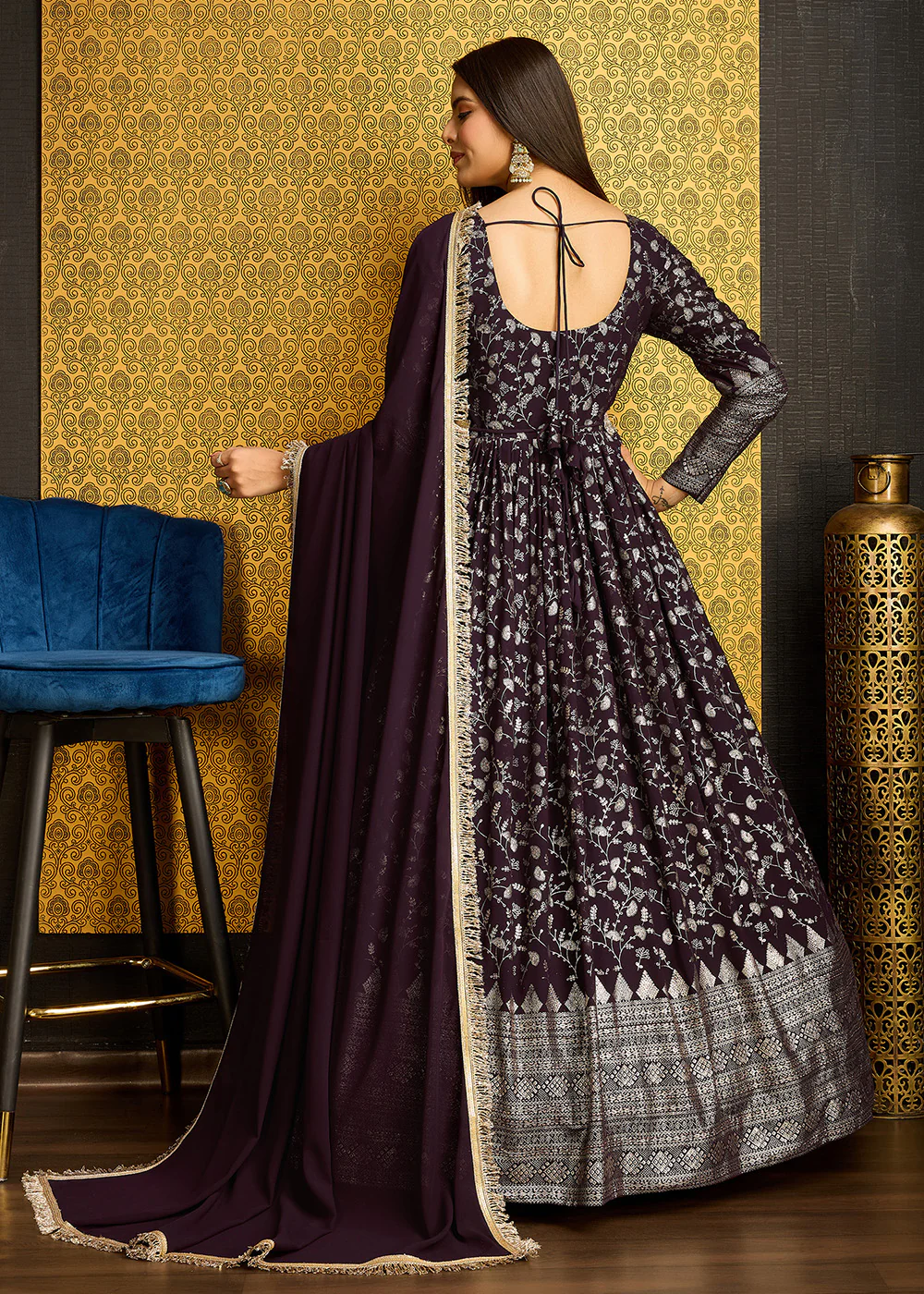 Purple Metalic Foil Work Embroidered Wedding Wear Gown - Image 3