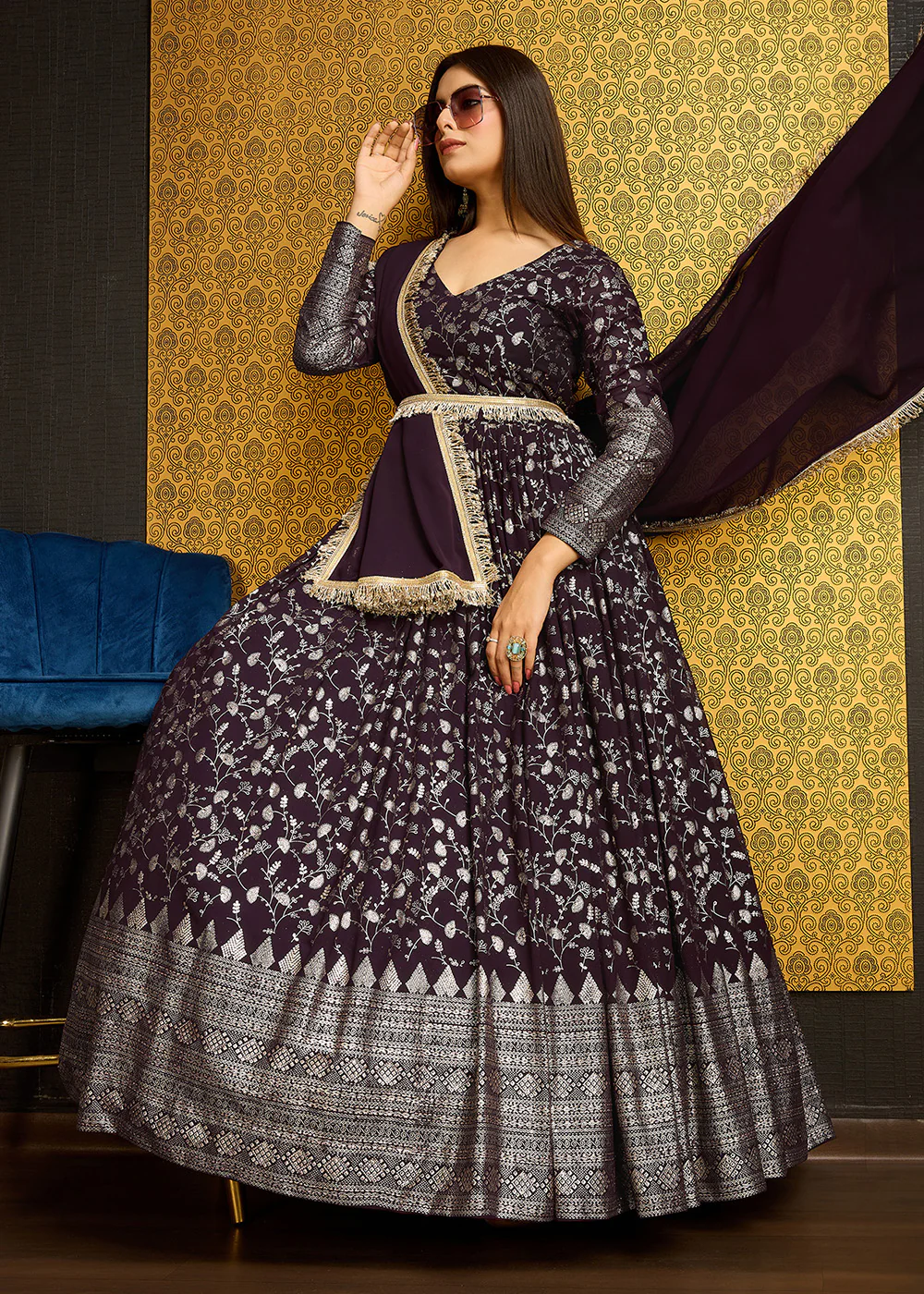 Purple Metalic Foil Work Embroidered Wedding Wear Gown - Image 7