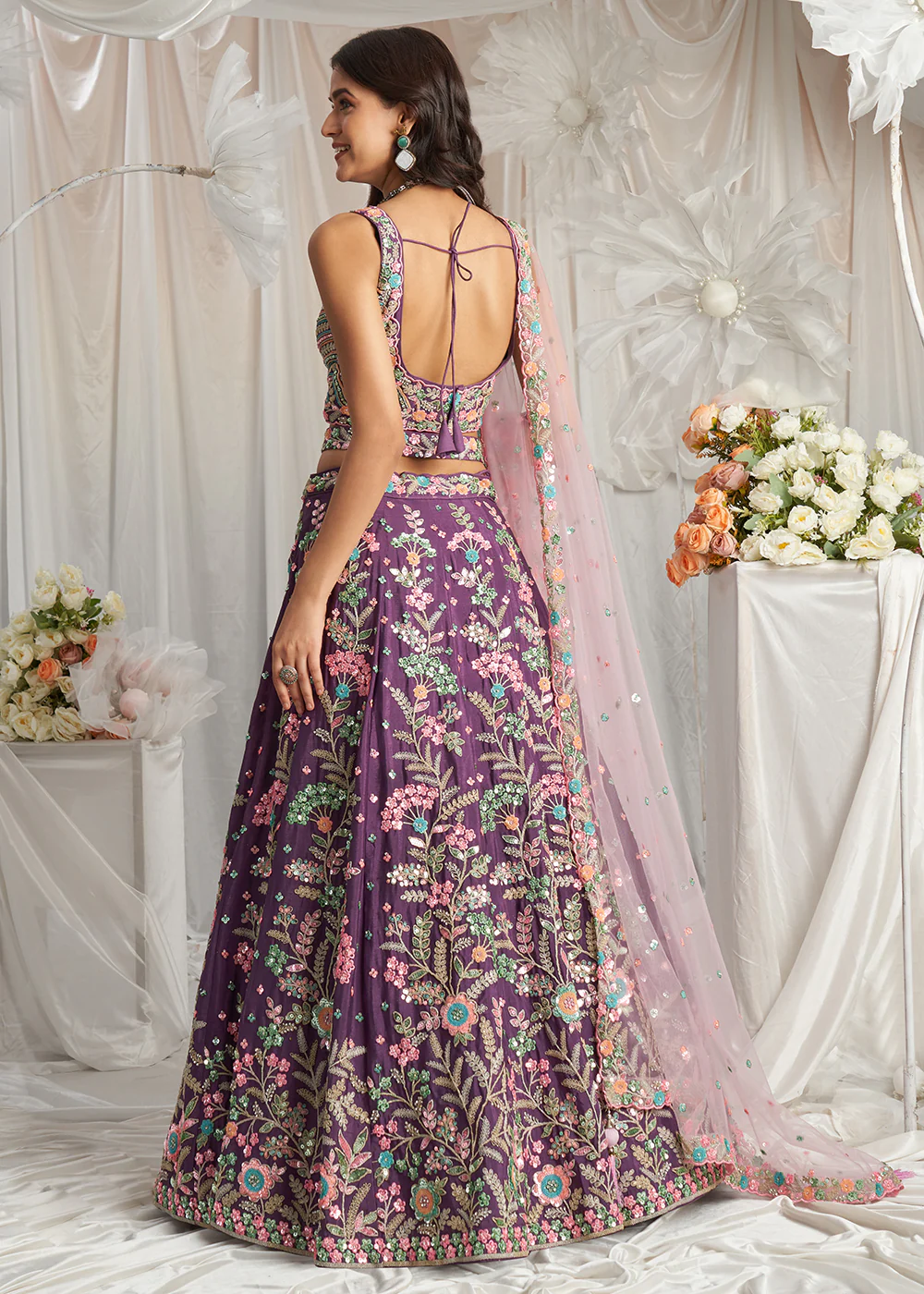 Purple Multi Color Embroidered Wedding Lehenga Choli - Image 3