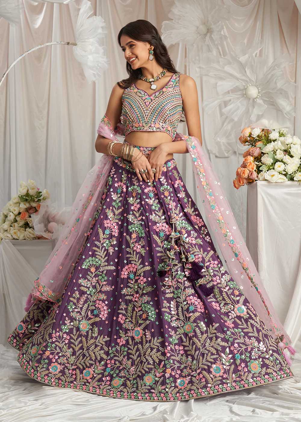 Purple Multi Color Embroidered Wedding Lehenga Choli - Image 4