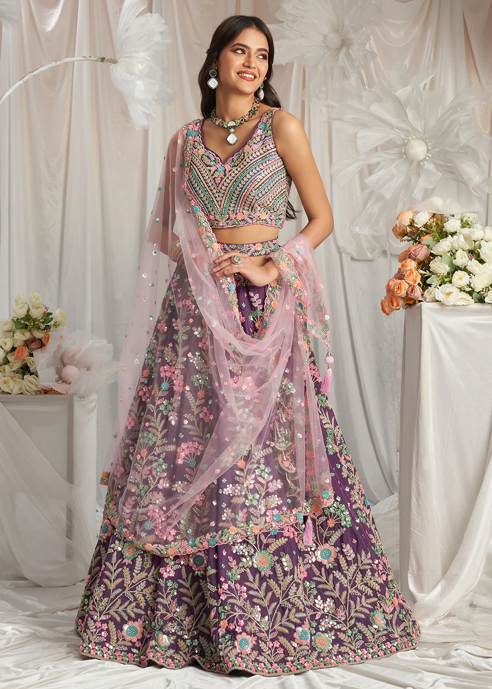 Purple Multi Color Embroidered Wedding Lehenga Choli - Image 5
