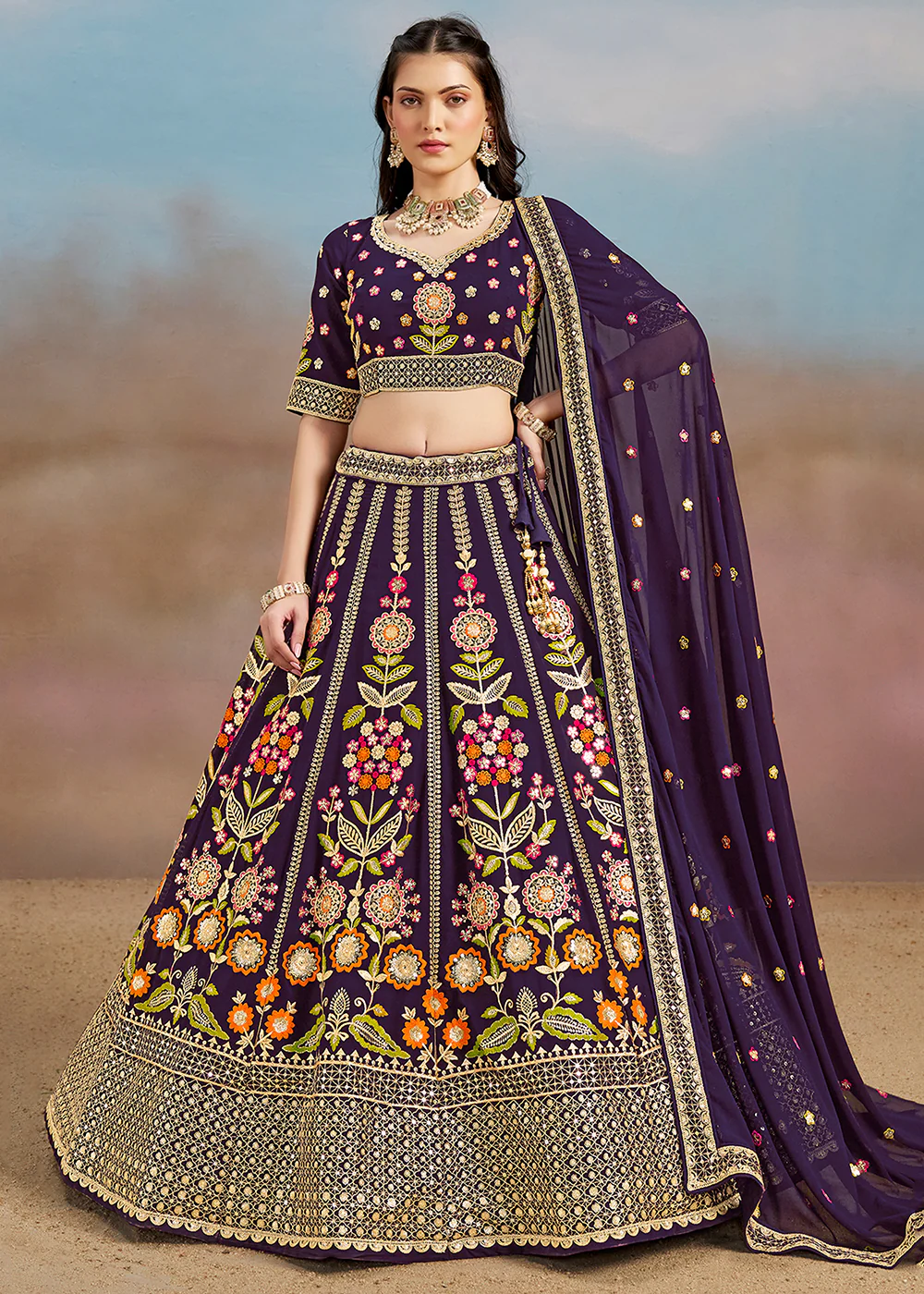 Purple Multi Color Threads Work Festive Lehenga Choli