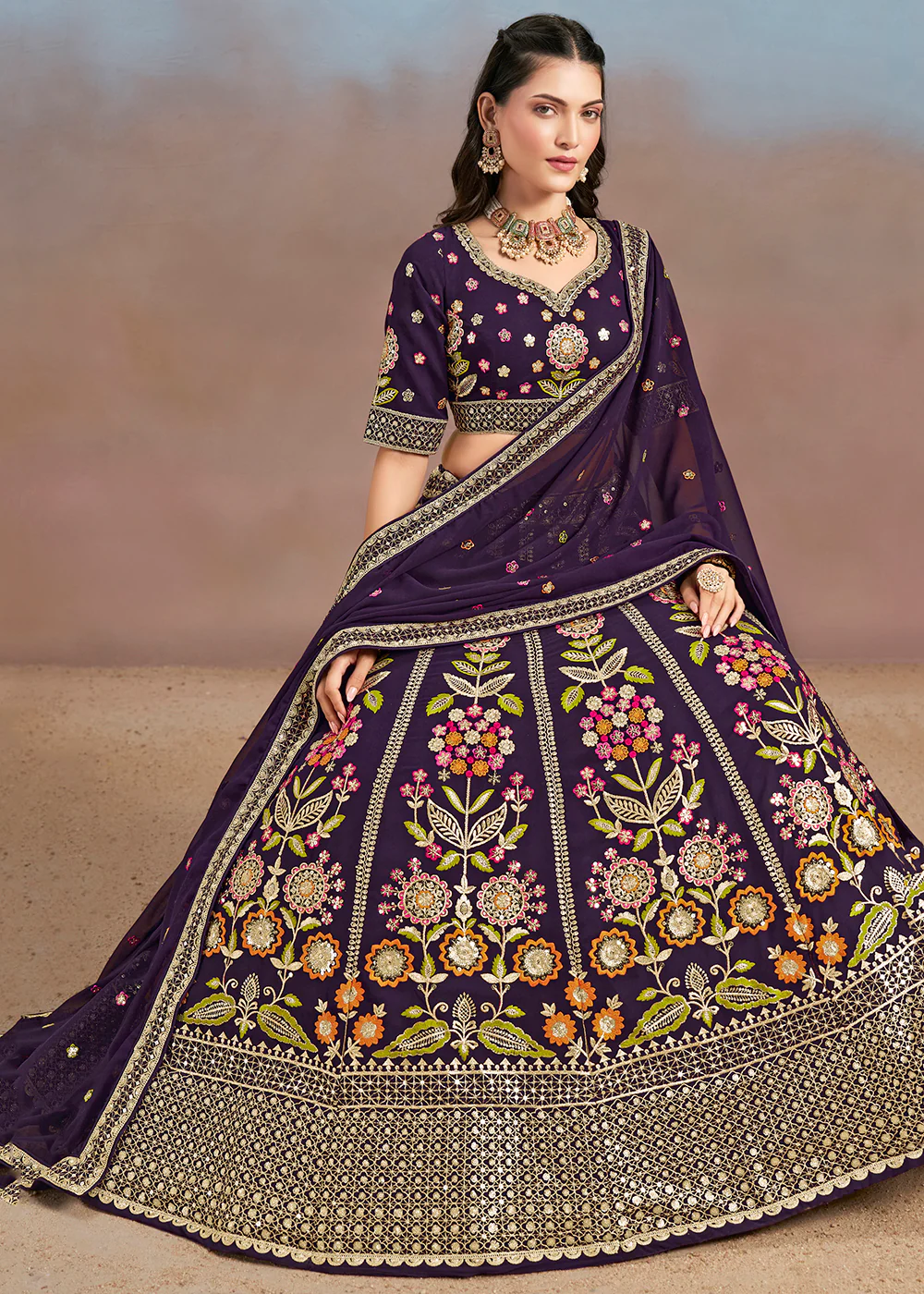 Purple Multi Color Threads Work Festive Lehenga Choli - Image 4