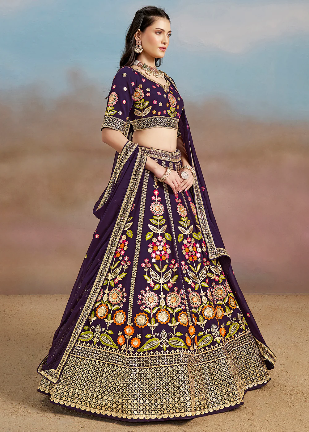 Purple Multi Color Threads Work Festive Lehenga Choli - Image 5