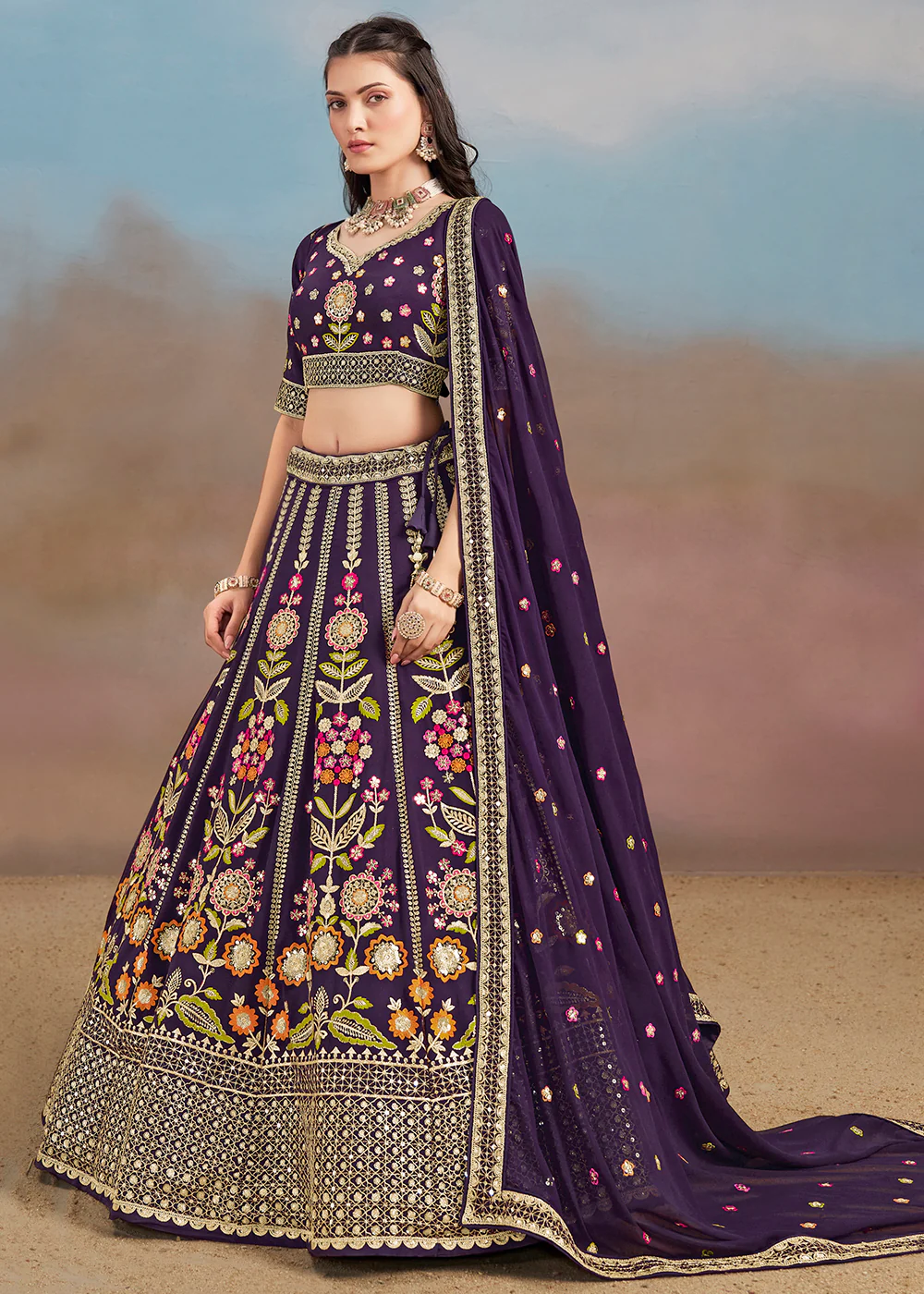 Purple Multi Color Threads Work Festive Lehenga Choli - Image 7