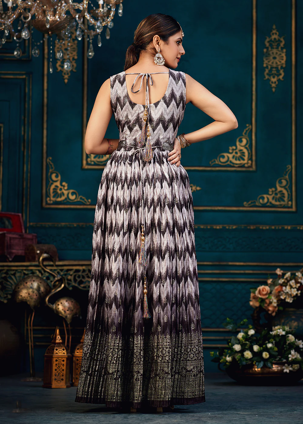 Purple Multicolor Digital Foil Printed Ready to Wear Gown - Image 3