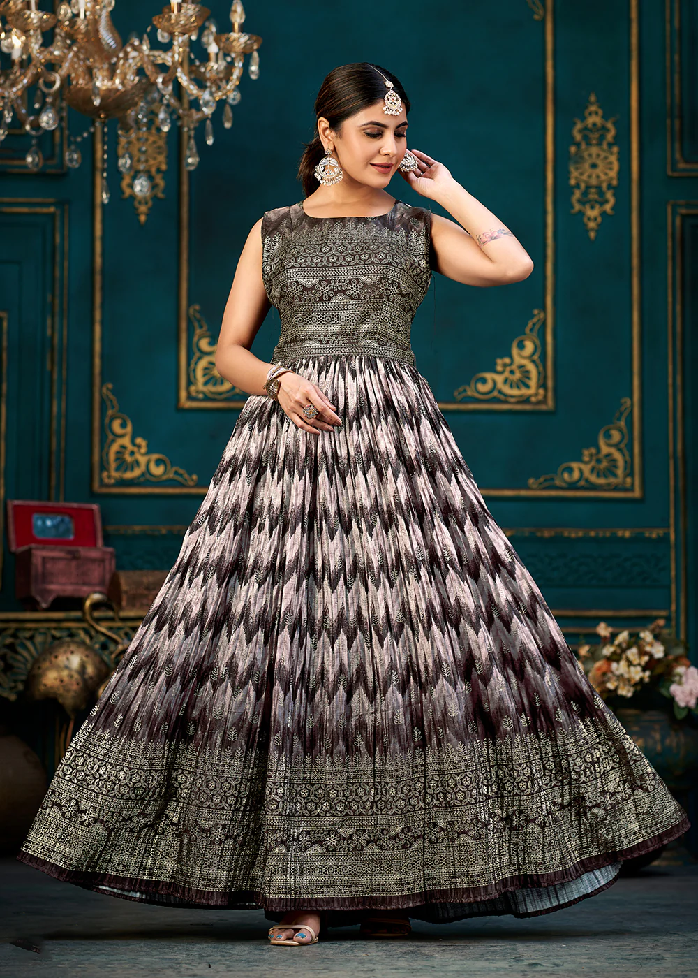 Purple Multicolor Digital Foil Printed Ready to Wear Gown - Image 4