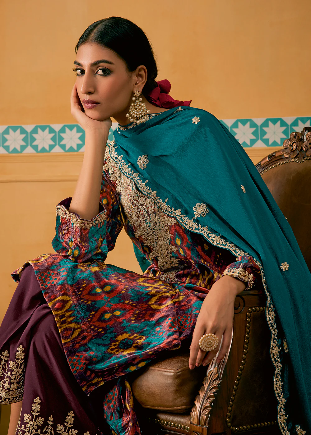 Purple Multicolor Digital Printed Embroidered Velvet Salwar Suit - Image 2