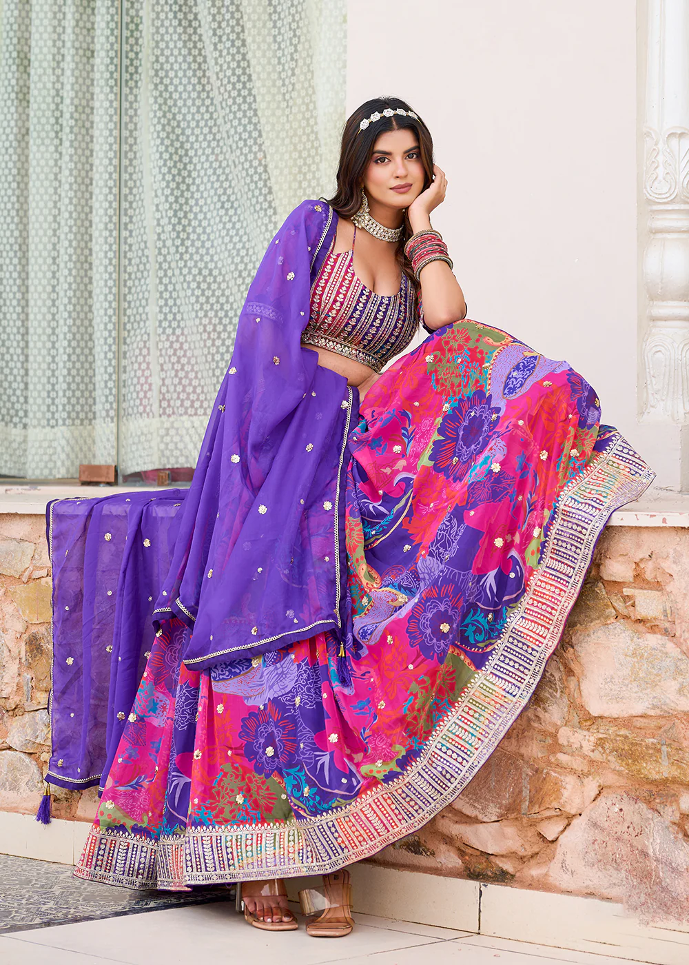 Purple Multicolor Printed Embroidered Lehenga Choli - Image 4