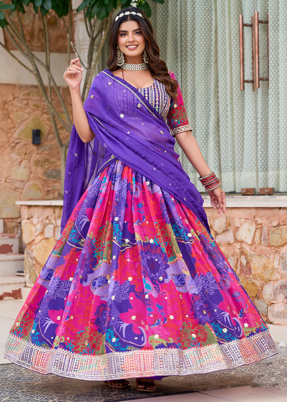 Purple Multicolor Printed Embroidered Lehenga Choli - Image 5