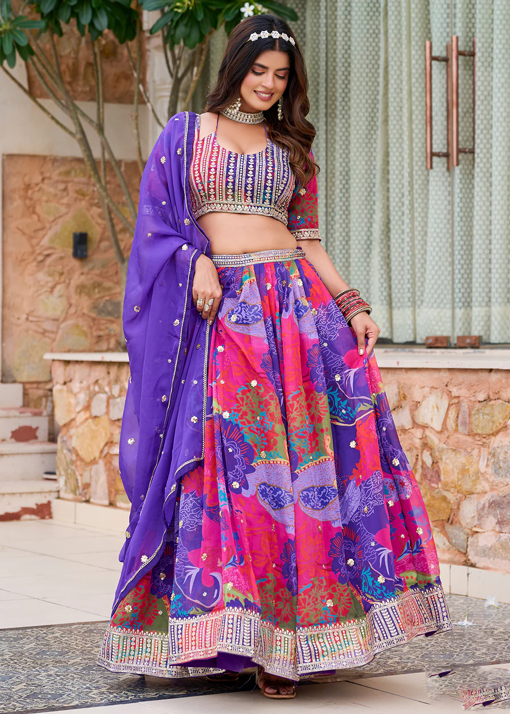 Purple Multicolor Printed Embroidered Lehenga Choli - Image 6