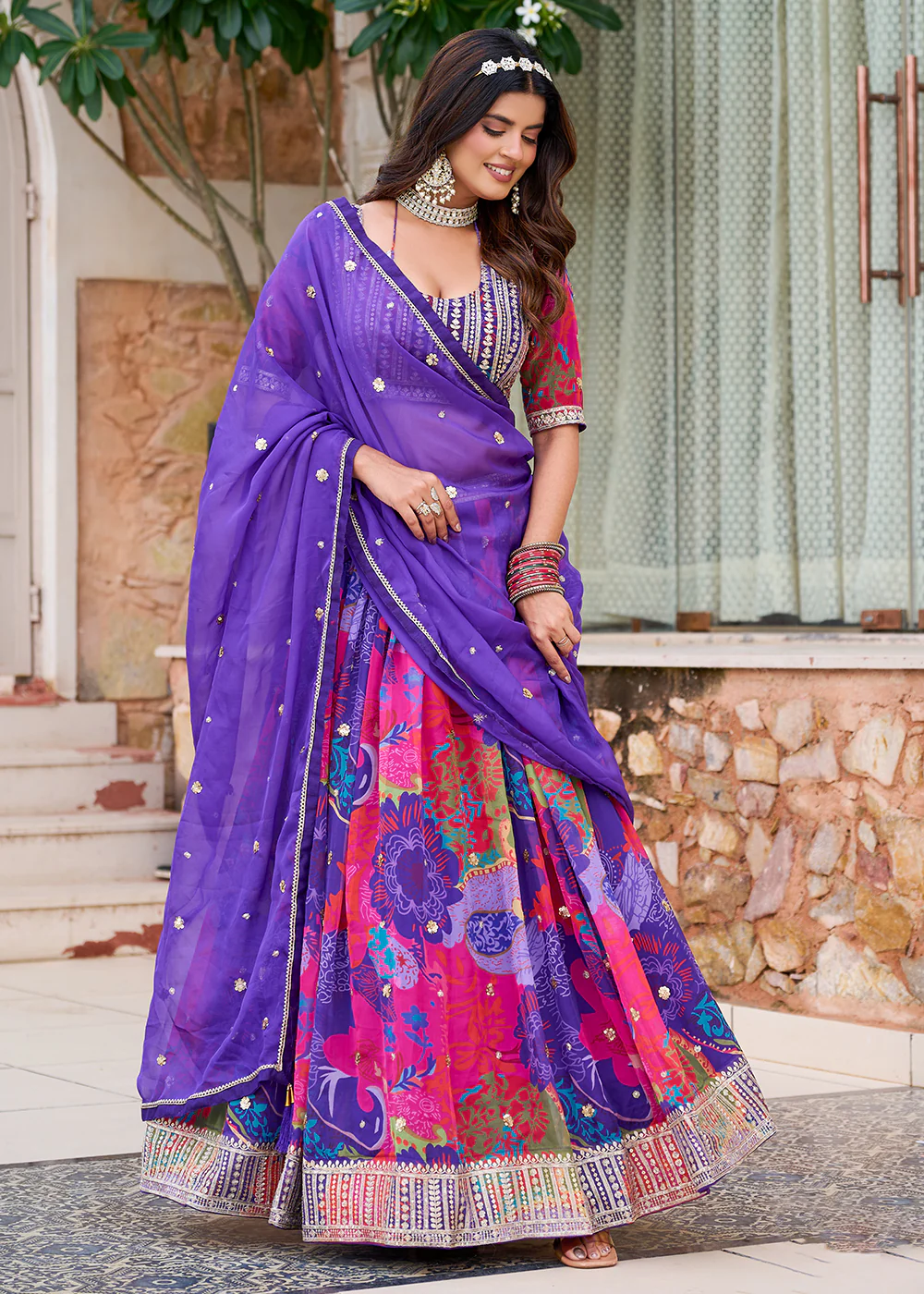 Purple Multicolor Printed Embroidered Lehenga Choli - Image 7