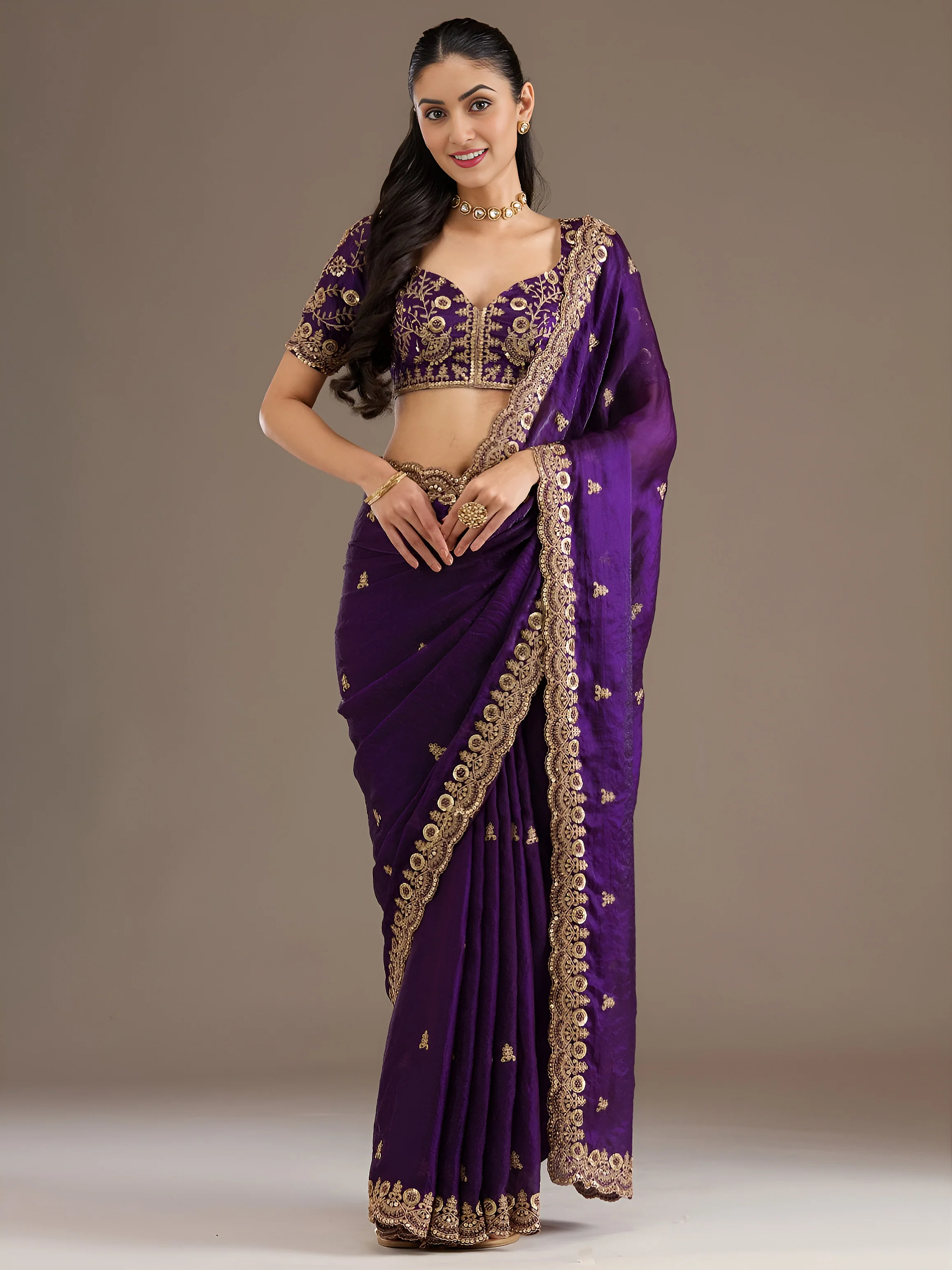 Purple Multiple Sequins Embroidered Wedding Saree