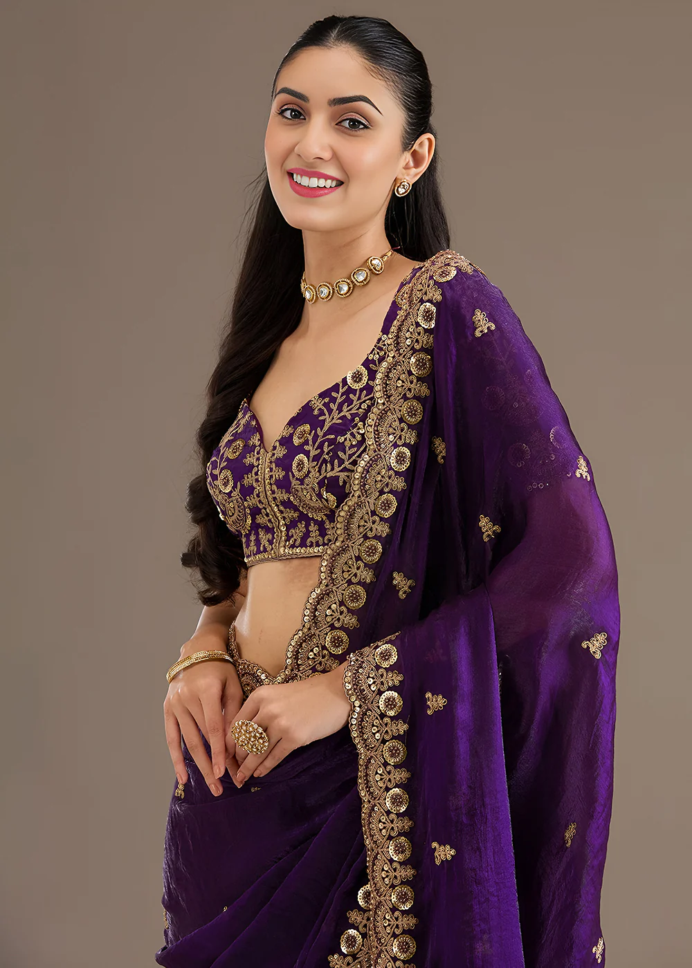 Purple Multiple Sequins Embroidered Wedding Saree - Image 2