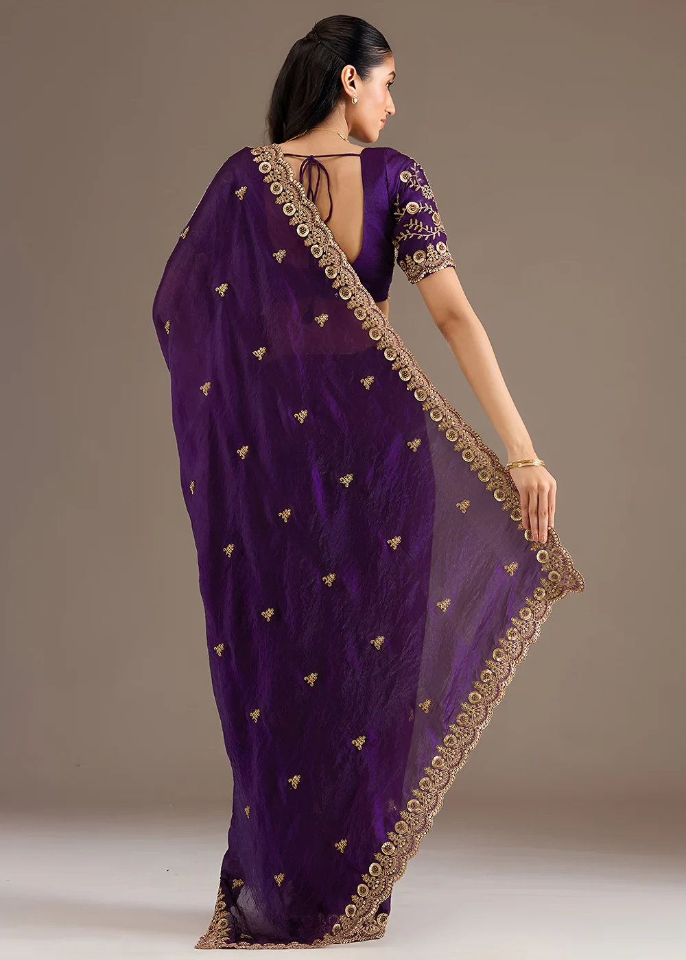 Purple Multiple Sequins Embroidered Wedding Saree - Image 3
