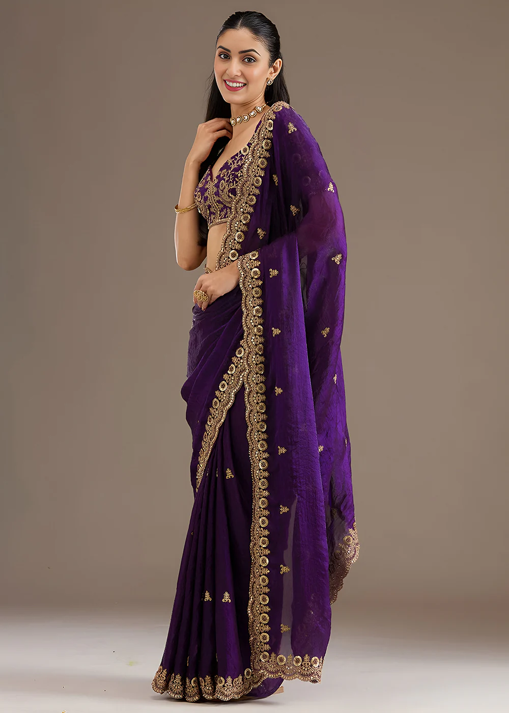 Purple Multiple Sequins Embroidered Wedding Saree - Image 4