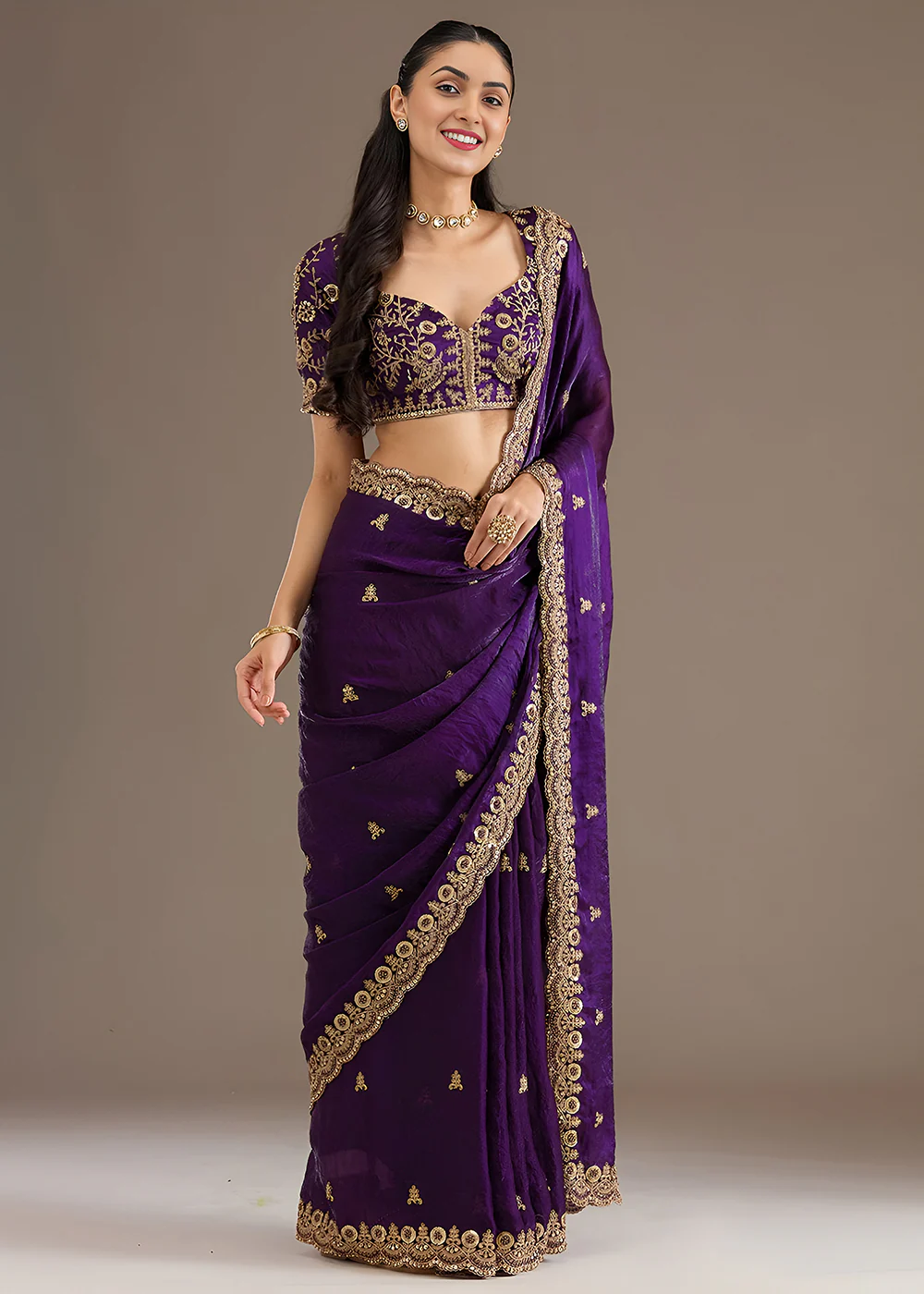 Purple Multiple Sequins Embroidered Wedding Saree - Image 5