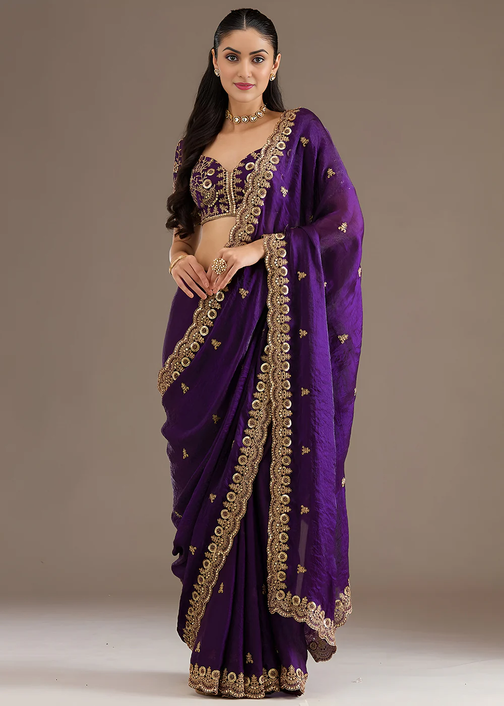 Purple Multiple Sequins Embroidered Wedding Saree - Image 6