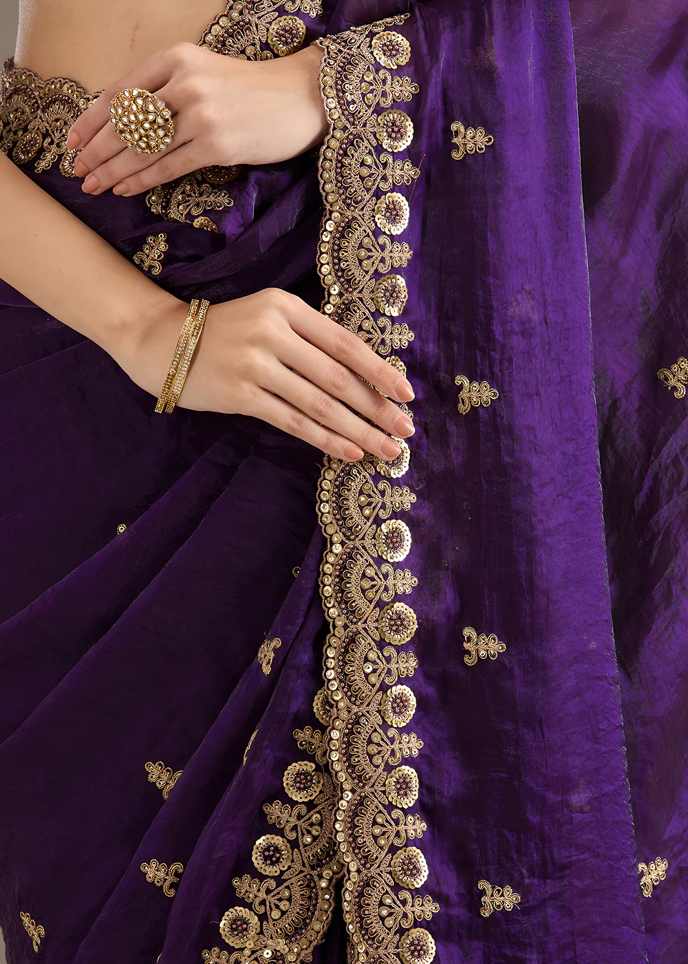 Purple Multiple Sequins Embroidered Wedding Saree - Image 7