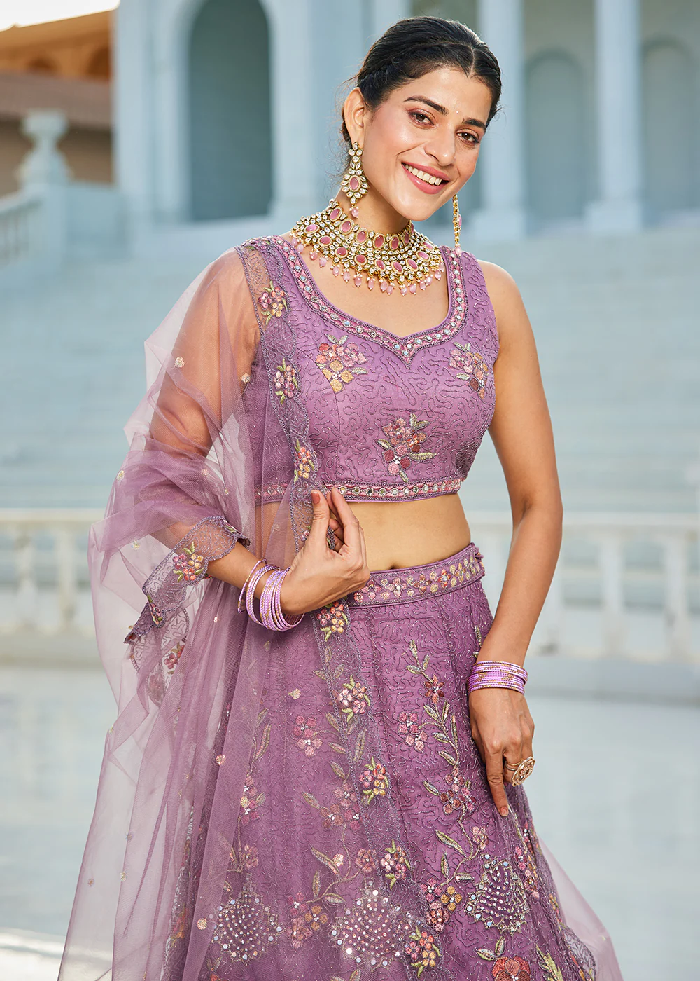 Purple Net Cording & Zarkan Festive Lehenga Choli - Image 4