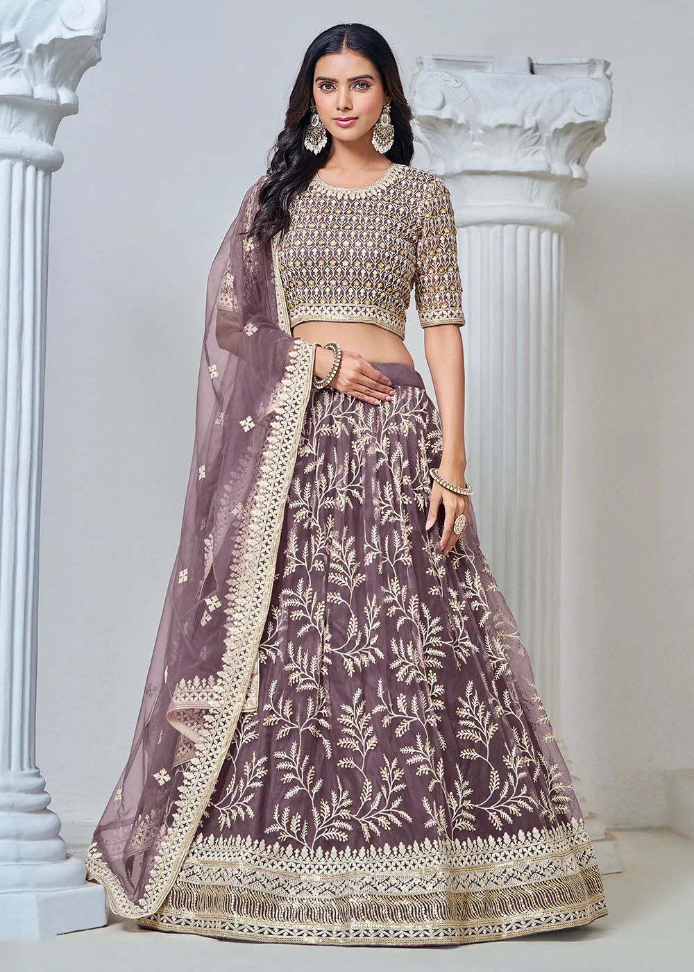 Purple Net Embroidered Wedding Festive Lehenga Choli