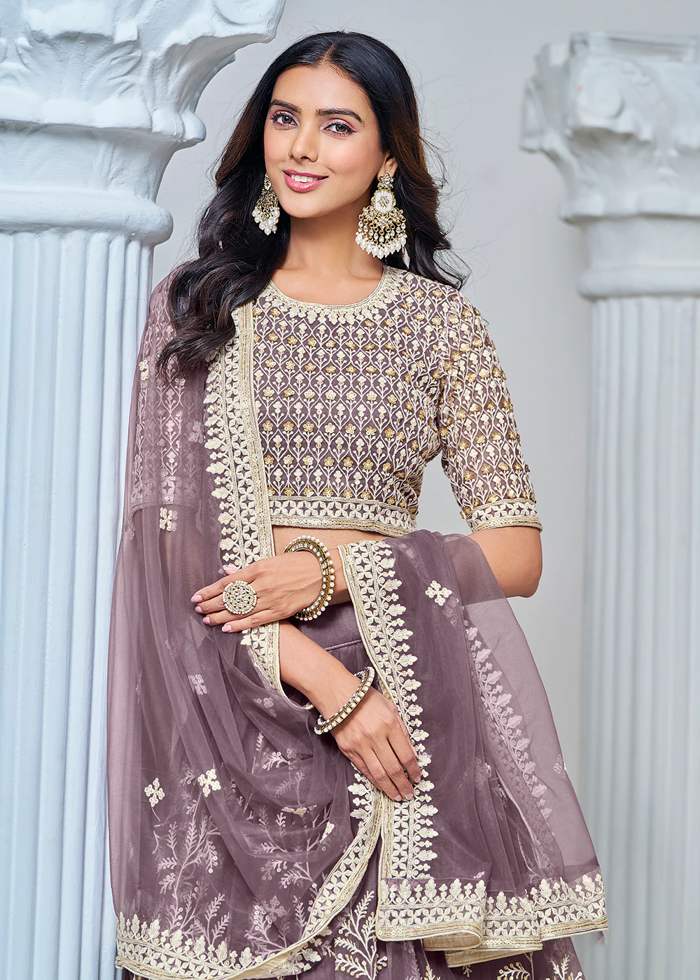 Purple Net Embroidered Wedding Festive Lehenga Choli - Image 2