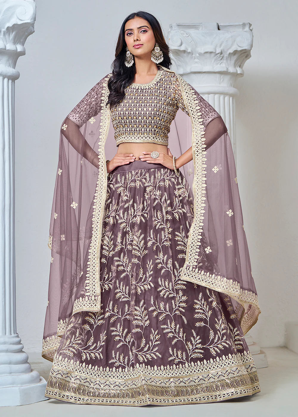 Purple Net Embroidered Wedding Festive Lehenga Choli - Image 4